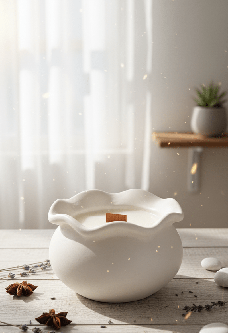 Aromakerze von TRISKIT in eleganter, weißer Keramikschale auf Holz, umgeben von Lavendel.