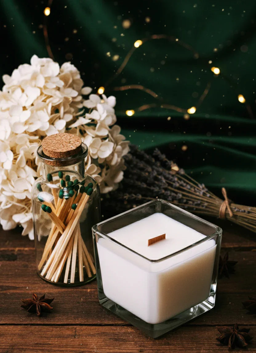 Aromakerze im Glas, Streichhölzer, Trockenblumen und Lichter auf Holz, TRISKIT Duftkerzen