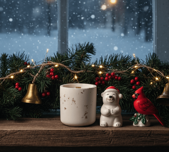 TRISKIT Duftkerze auf Fensterbank mit Weihnachtsdeko, Lichterkette, Eisbärfigur und Vogel, Winterstimmung