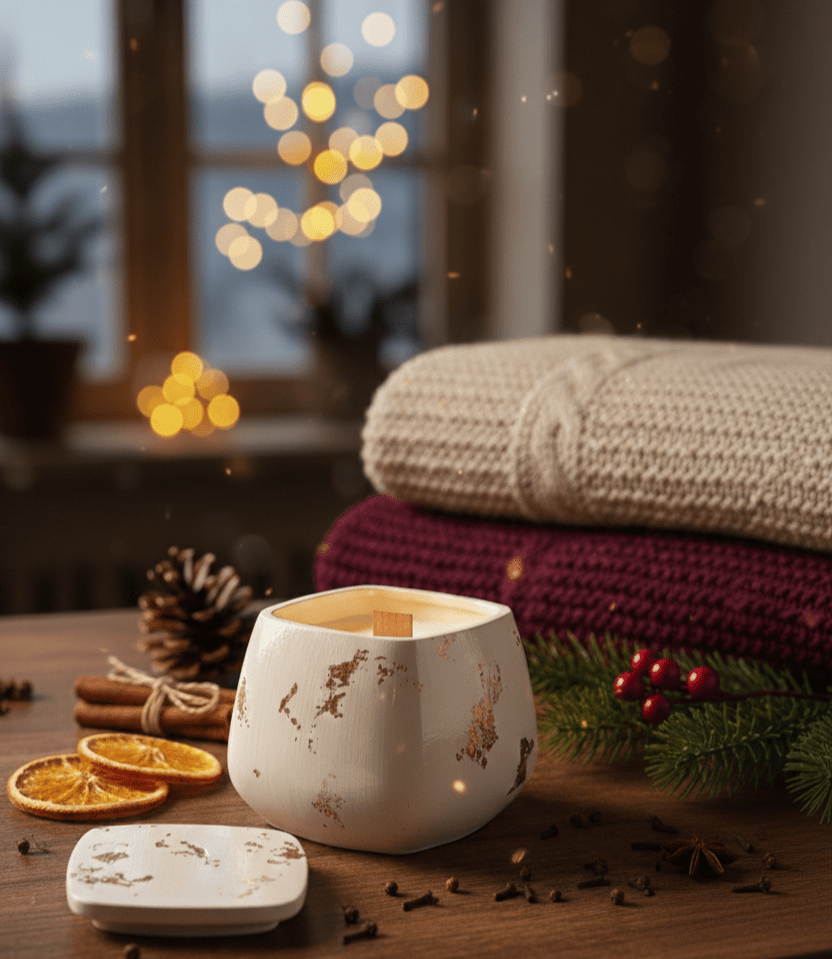 TRISKIT Duftkerze in elegantem Glas auf Holztisch mit Gewürzen, Winterdeko und Wolldecken