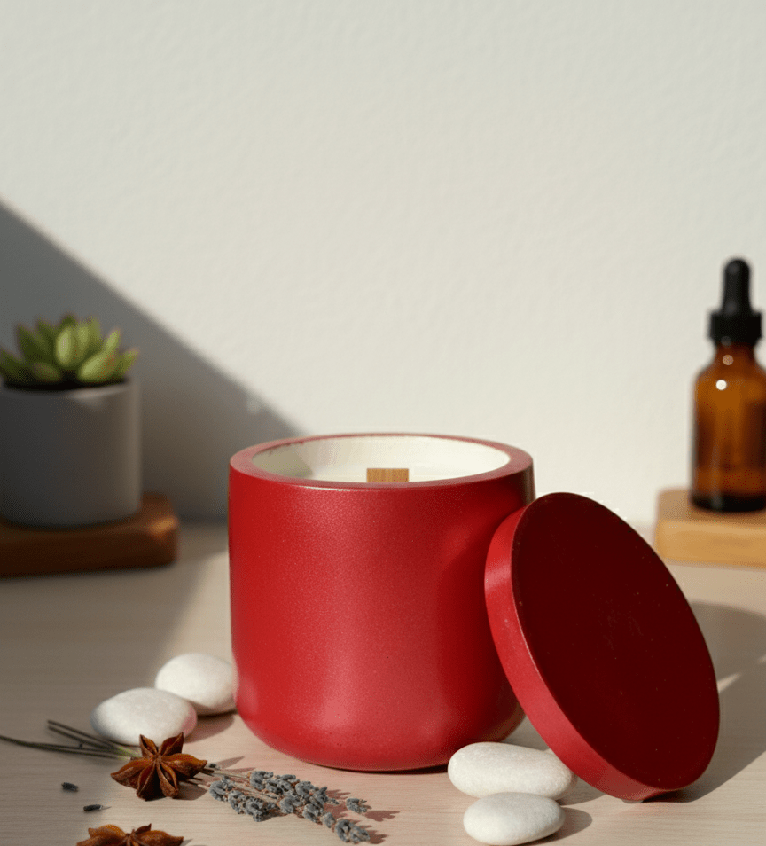 Rote Aroma-Kerze im modernen Design von TRISKIT, dekoriert mit Lavendel, Anis und weißen Steinen, neben einer Sukkulente und Fläschchen auf hellem Tisch.
