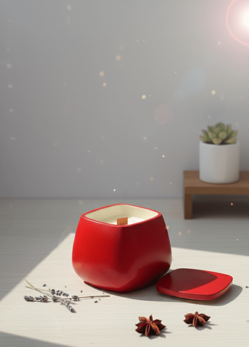 TRISKIT Duftkerze in rotem Glas, Lavendel und Sternanis, moderner Hintergrund, Aromakerze