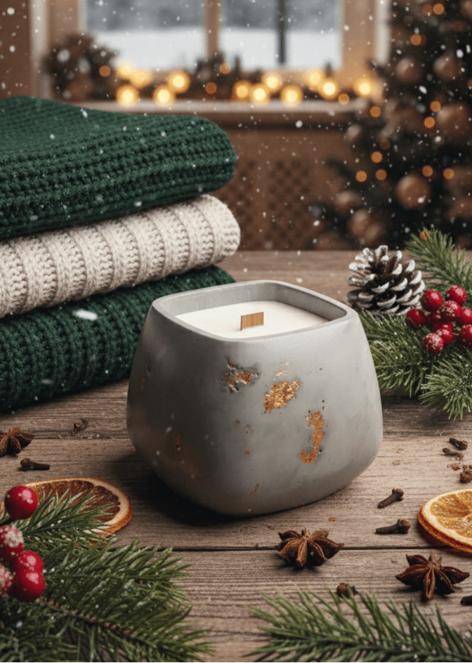 TRISKIT Aromakerze in Betongefäß, umgeben von Tannenzweigen, Zimt, Weihnachtsdeko und Strickdecken