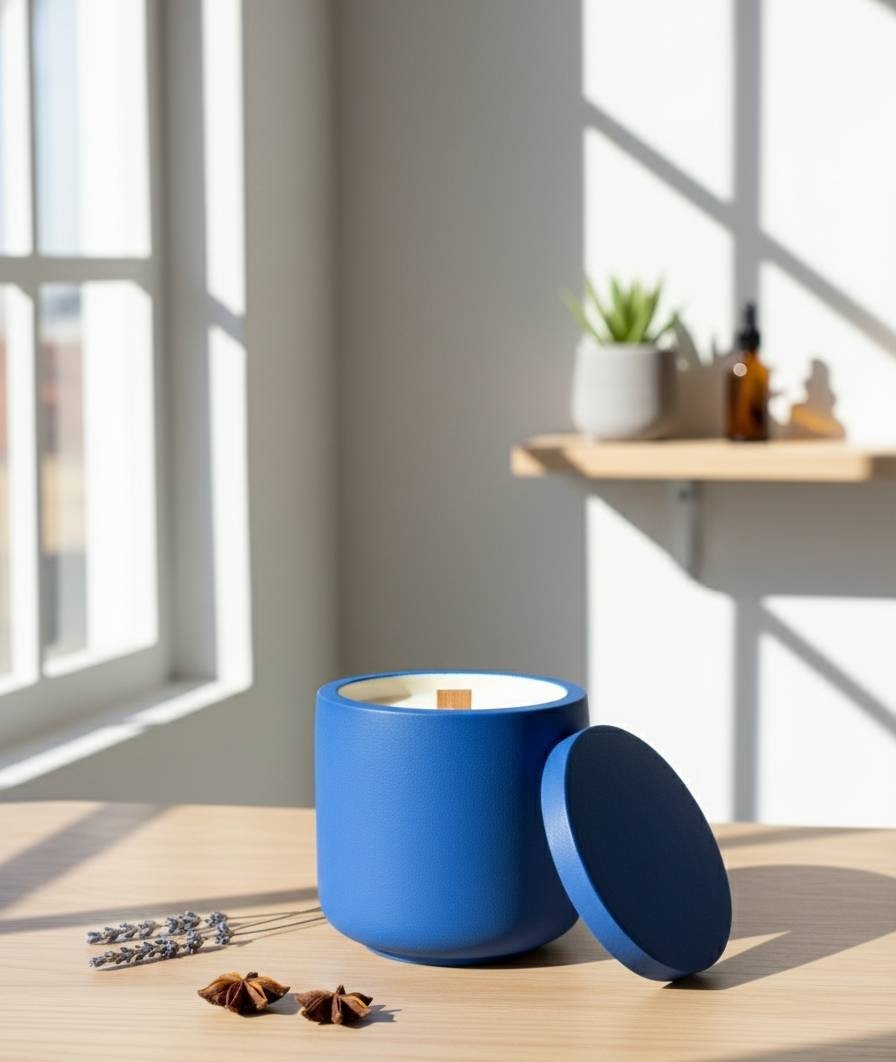 Blaue Aromakerze von TRISKIT mit Holzdocht auf Tisch, Lavendel und Sternanis im Sonnenlicht
