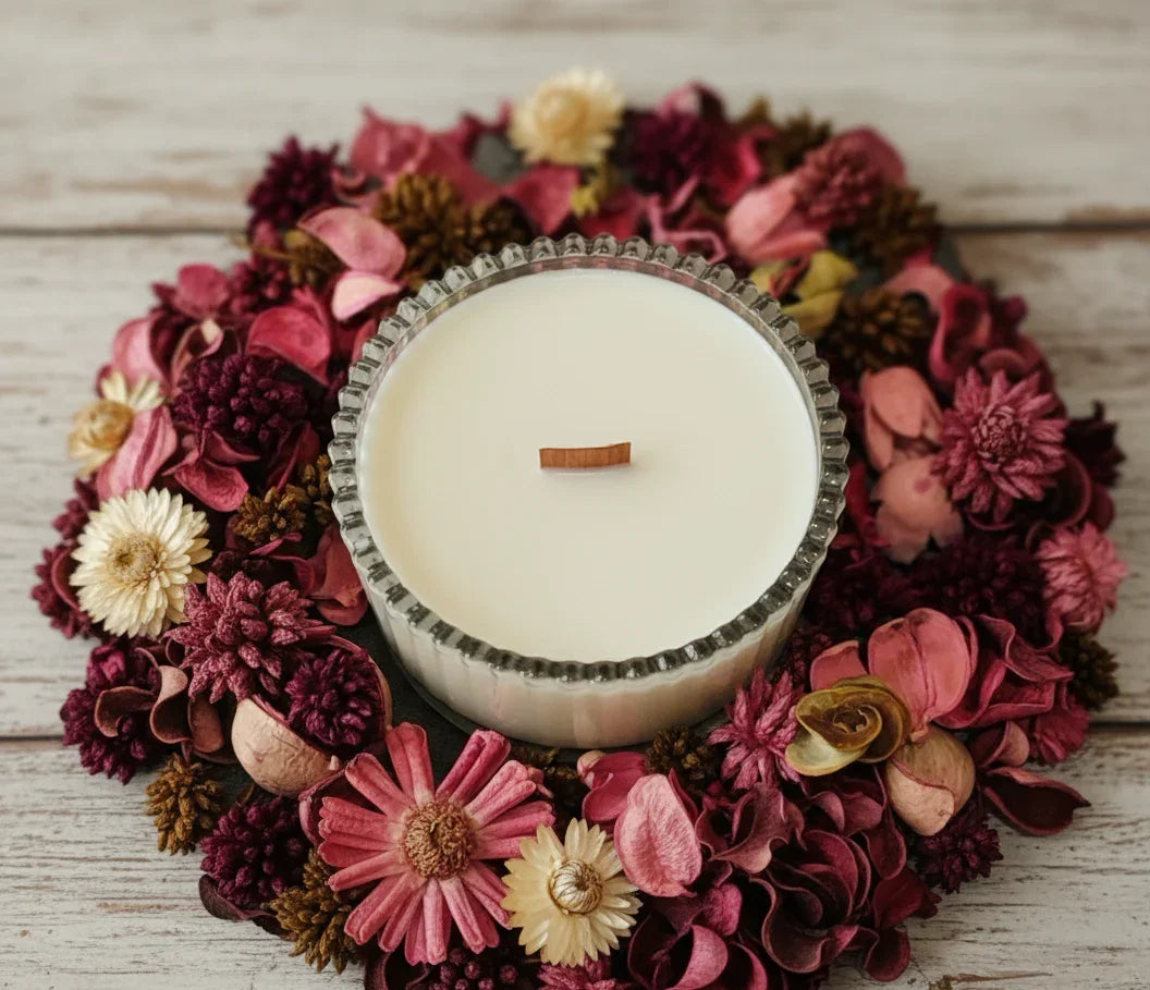 TRISKIT Aromakerze in Glas mit Holzdocht, umgeben von bunten Trockenblumen, auf Holz