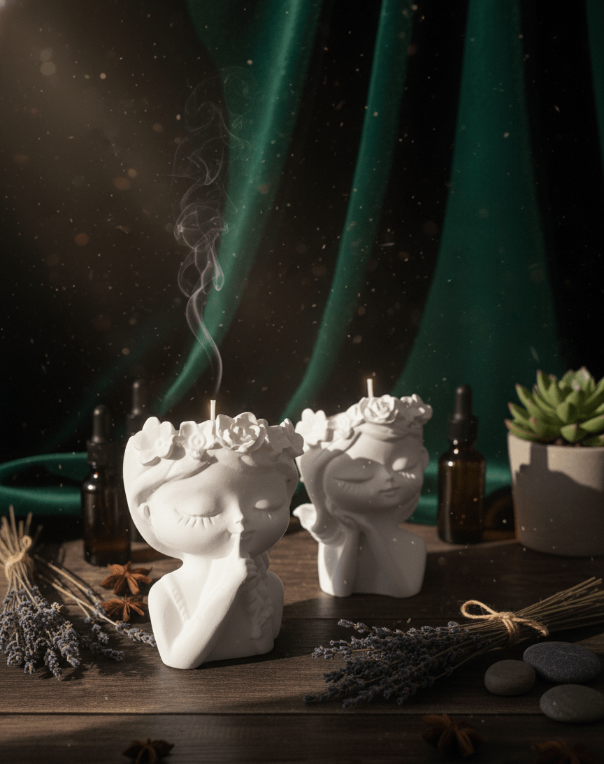 TRISKIT Aroma-Kerzen in weißen Figuren, Lavendel, ätherische Öle und grüne Deko auf Holztisch.