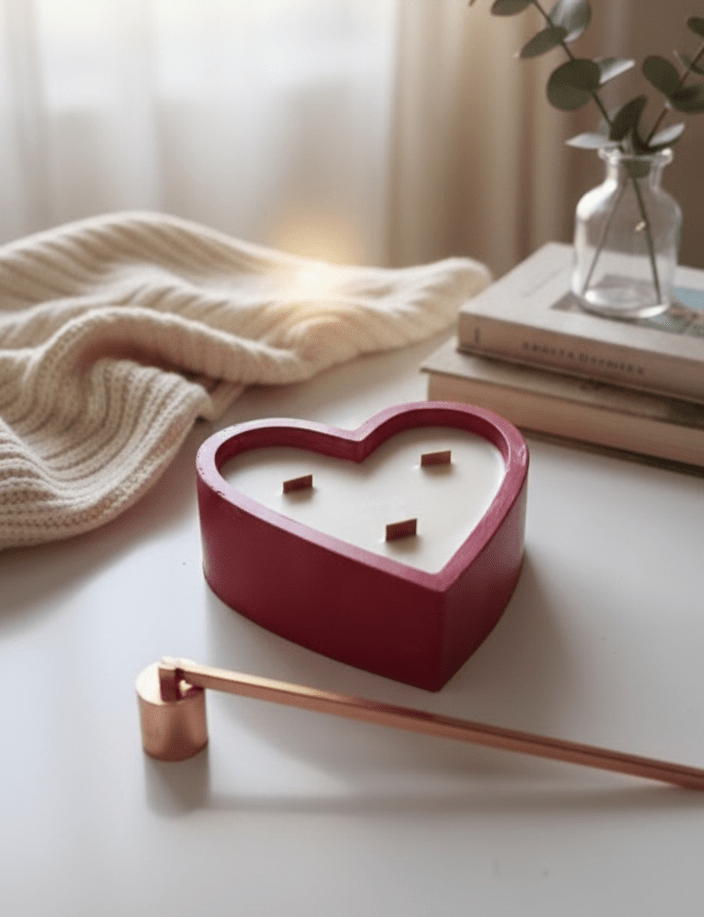 Herzförmige Duftkerze von TRISKIT auf Tisch mit gemütlicher Decke und Bücher im Hintergrund